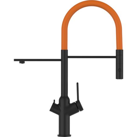 Rubinetto 3 vie miscelatore cucina Nero Opaco con canale separato per acqua filtrata, canna arancione movibile e doccia due getti staccabile - serie BOD (1/5)