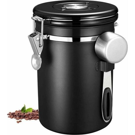 Tigrezy Vorratsdose, luftdichter Edelstahl-Küchenbehälter mit Datumsanzeige und Messlöffel für Kaffeepulver, Bohnen, Mehl, Müsli, Zucker, 1,8 l, Schwarz