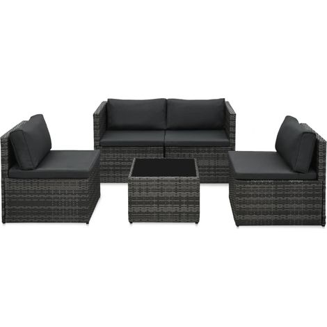 5-tlg. Garten-Sofagarnitur mit Auflagen Poly Rattan Grau