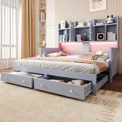 MODFU – Cama tipo banco extensible 90x190 cm con cajones, LED, enchufe, zona de descanso 180x190 cm y 29 lamas – Gris (1/5)