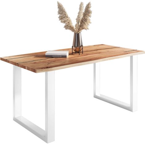 Baumkantentisch Akazie mit schwarzen Resin-Adern naturfarben 140 x 80 cm U-Gestell weiß POLLY (1/5)