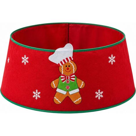 Jupe de sapin de Noël tricotée avec pinces, décorations ajustables, 75 cm, bordure dorée, motif bonhomme en pain d'épice (1/5)