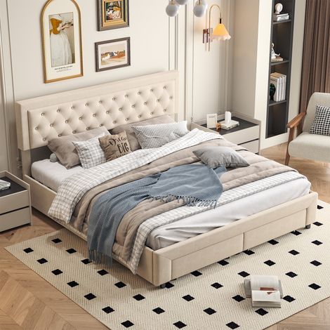 Polsterbett 160x200 cm mit Schubladen und hydraulischem Stauraum, modern, Samt, Beige