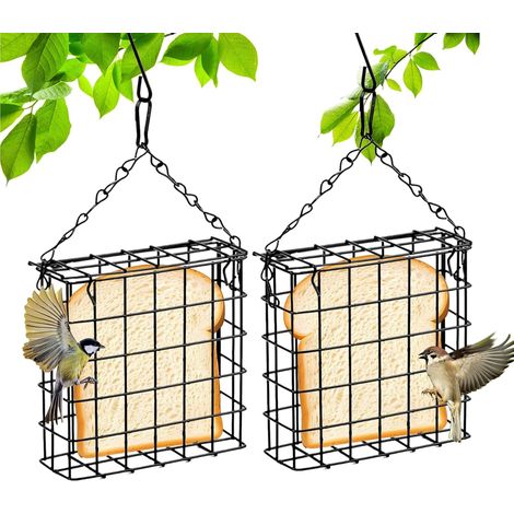 Lot de 2 porte-boules de graisse, distributeur de nourriture à suspendre pour oiseaux sauvages, grillage métallique, résistant aux intempéries, distributeur de sebum carré pour jardin, balcon (1/5)