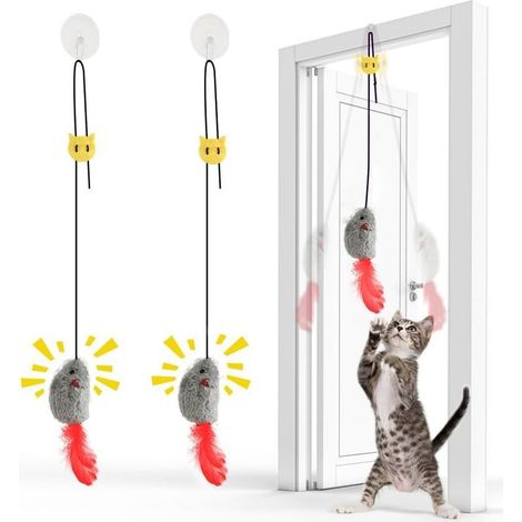 2-teiliges interaktives Katzenspielzeug: Hängende Maus mit Federschwanz – Hängende Maus mit Geräuschfunktion und elastischer Schnur – Batterielos, ideal für selbstständiges Spielen (1/5)