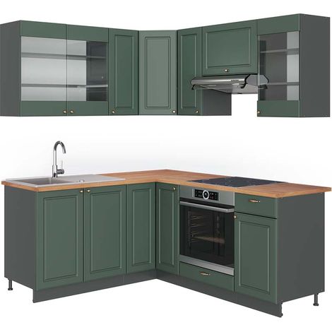 Cucina angolare completa Fame-Line, Verde-oro rustico/Antracite, 160 x 190 cm , PL Rovere, Vicco