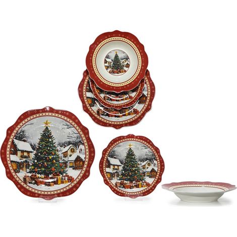 Servizio Piatti Natalizio 18 Pezzi per 6 Persone Porcellana Bone China Decoro Albero e Neve completo Bordo Smerlato Rosso (1/5)