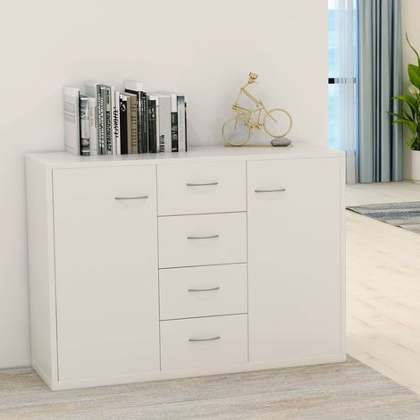 Vidaxl – Buffet blanc 88x30x65 cm en bois d'ingénierie – 4 tiroirs et 2 portes – Style minimaliste contemporain – Rangement spacieux