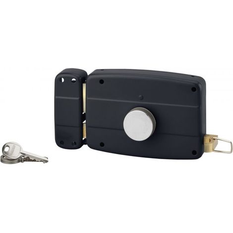 Serrure en applique à bouton pour porte de garage à battant – Dimensions 140x90mm – Axe 70mm – Cylindre Ø 25mm – 3 clés en laiton nickelé (1/2)