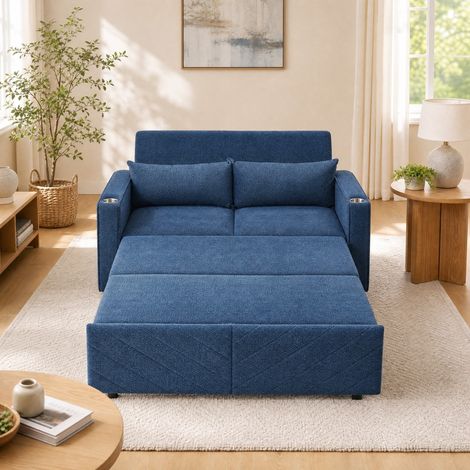 Sofá cama 2 plazas 195x134x73 cm de tejido azul marino, modular para salón FloraGrace (1/5)