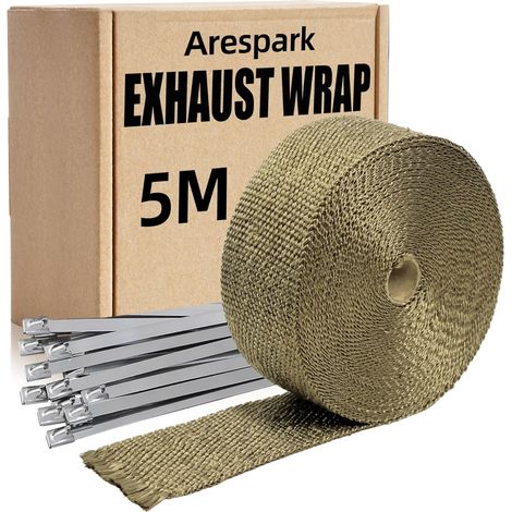 Bande Thermique Echappement, 5m Ruban Isolant Thermique, Fait de Fibres de Basalte avec 10 Collier Serrage Inox, pour Collecteurs d'Echappement Moto et Voiture (1/5)