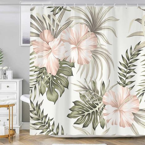 Cortina de ducha con estampado floral tropical: hibisco, hojas de palmera, salvia, verde y rosa, 180 x 180 cm, impermeable, poliéster. (1/4)