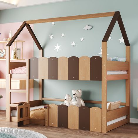 Lit cabane superposé 90x200 cm en bois naturel avec barrières et sommier inclus (1/5)