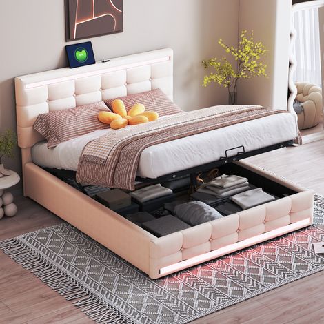 Letto imbottito 140200, giroletto a LED con 2 stazioni di ricarica USB, giroletto con testiera regolabile in altezza, ampio spazio contenitivo in tessuto di lino letto per adulti beige (1/5)