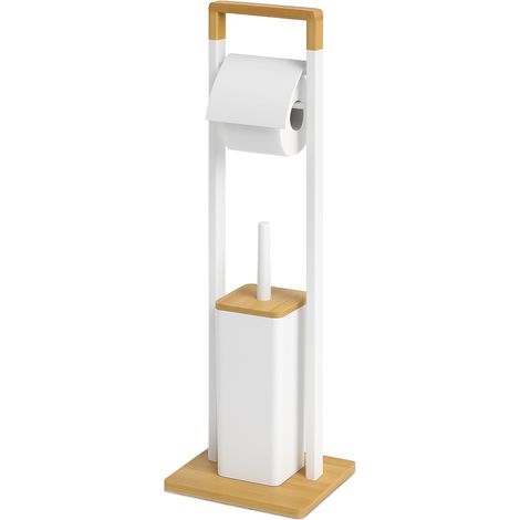 Ensemble WC, en Bambou, Porte-Rouleau sur Pied, Brosse WC avec Support, 76,5 x 28 x 18 cm, Blanc (1/5)