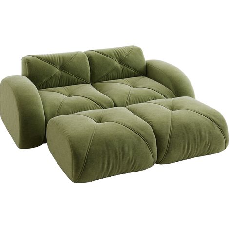 Sofá modular de 2 plazas verde de chenilla con 2 pufs, sin montaje (1/5)