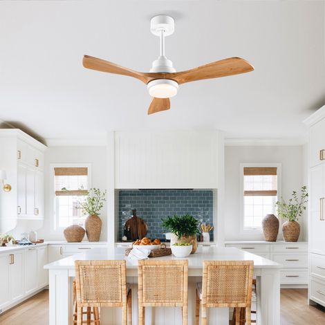 Ventilateur de plafond 45 pouces bois avec lumière et télécommande,3 pales. Design blanc et bois adapté patio et salon.