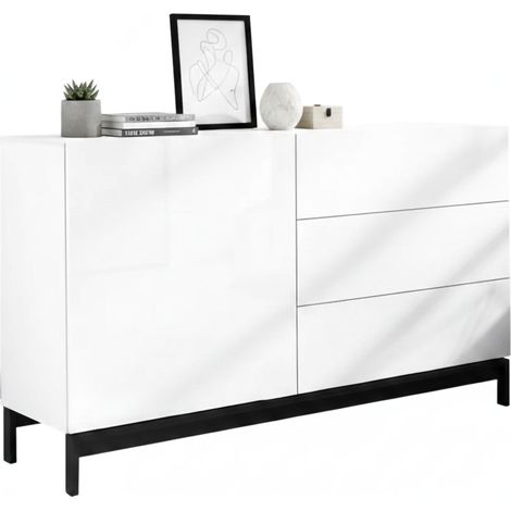 Dmora - Credenza Adana, Madia da cucina a 1 anta e 3 cassetti, Buffet da soggiorno, 100% Made in Italy, cm 110x40h47, Bianco lucido
