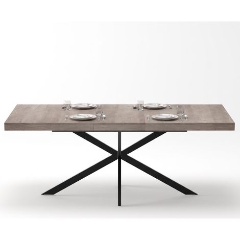 FurnitureR Table à manger extensible 140 à 180 cm, 4 à 6 personnes, plateau MDF gris effet pierre, rallonge intégrée, pieds en métal noir (1/5)