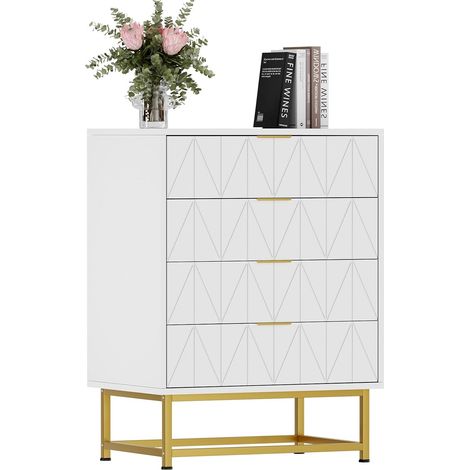 Commode compacte étroite blanche en MDF 4 tiroirs, pieds métalliques dorés, tiroirs fluides, kit anti-basculement, rangement maison (1/5)
