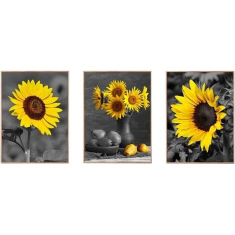 Ensemble de 3 tableaux décoratifs tournesol, 30 x 30 cm, sur toile, pour chambre, cuisine ou salon (sans cadre). (1/5)