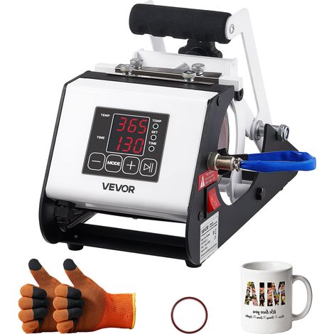 Presse à Chaud pour Tasses Capacité Maximale de 444 mL Noir et Blanc, avec Ruban Adhésif et Gants, Réglage Température et Durée, Transfert Thermique par Sublimation pour Gobelets, Tasses et Mugs