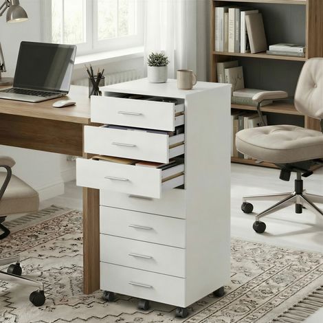 Caisson de Bureau à Roulettes, Support pour Imprimante, avec 7 Tiroirs, Rails Coulissants, Blanc (1/5)