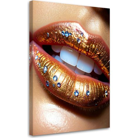 Stampe su Tela, Labbra dorate impreziosite da glitter colorati in uno stile glamour. - 40x60 (1/2)