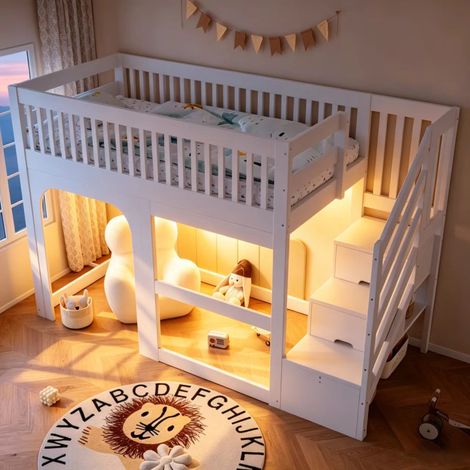 Lit mezzanine enfant 90x200 cm, lit cabane avec portes et fenêtres, escalier de rangement, LED, garde-corps et espace de jeu, Blanc (1/5)