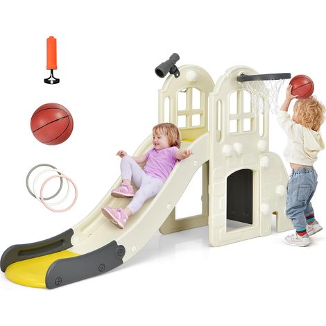 Goplus – Toboggan pour enfants 6 en 1 – Glissière 140 cm avec rail de protection haut – Mur d'escalade, tunnel, panier de basket, télescope – HDPE (1/5)