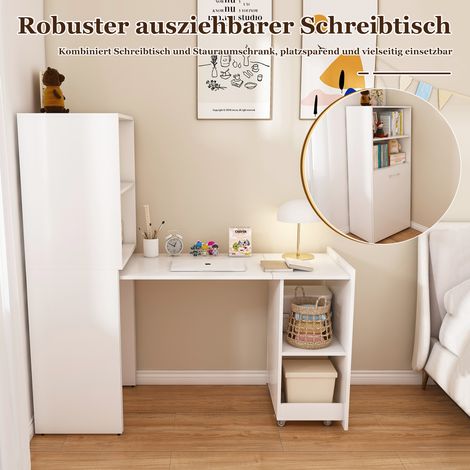 Bureau extensible avec armoire de rangement, table pliable gain de place, étagères réglables et plateau coulissant, blanc, pour chambre et bureau (Desk avec stockage) (1/5)