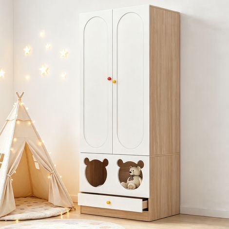 CHICFURN Armadio bambini 2 ante 80 x 50 x 200 cm MDF bianco/legno, appendiabiti e cassetti (1/5)