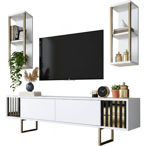 Dmora - Mueble de televisión Eunomia, Aparador de salón, Mueble bajo para TV, Base de pared equipada, 180x30h48 cm, Blanco y Negro, con embalaje reforzado