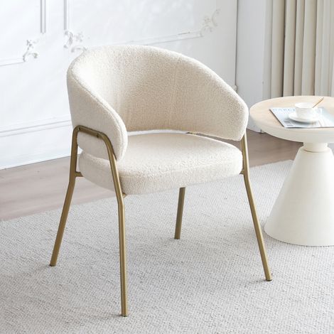 Chaise de salle à manger 1 pièce pelage agneau blanc pieds fer doré finition spray or, dossier perforé moderne rembourrage mousse haute densité style scandinave minimaliste (1/5)