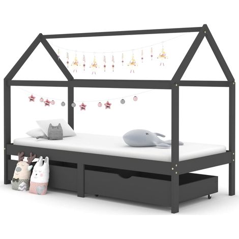 Lit cabane enfant avec tiroirs Gris foncé Pin 90x200 (1/4)