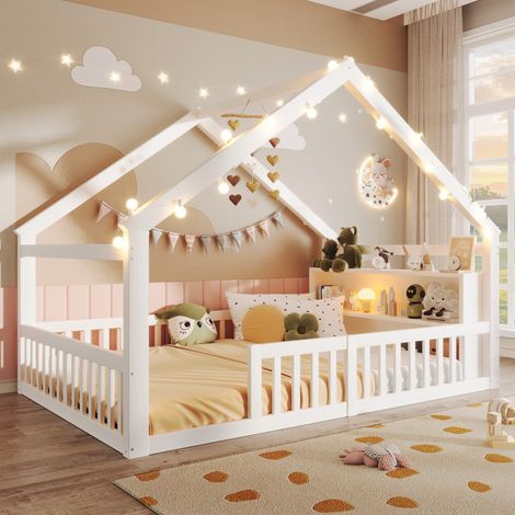 Lit plat enfant 140x190 avec barrière sécurité LED structure pin blanc sans matelas minimaliste