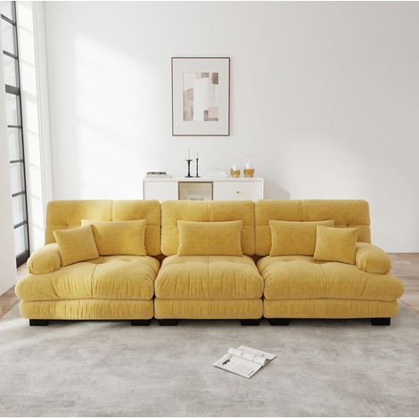 Divano angolare modulare 313x77x81 cm in ciniglia gialla, seduta profonda - MEUBLIV (1/5)