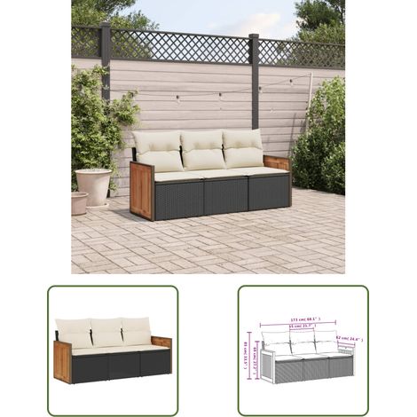 The Living Store Salon de jardin 3 pcs avec coussins noir résine tressée - Ensemble Salon De Jardin - Meuble De Jardin Extérieur - Résine Tressée - Mobilier De Jardin Design - Salon De Jardin Moderne (1/3)