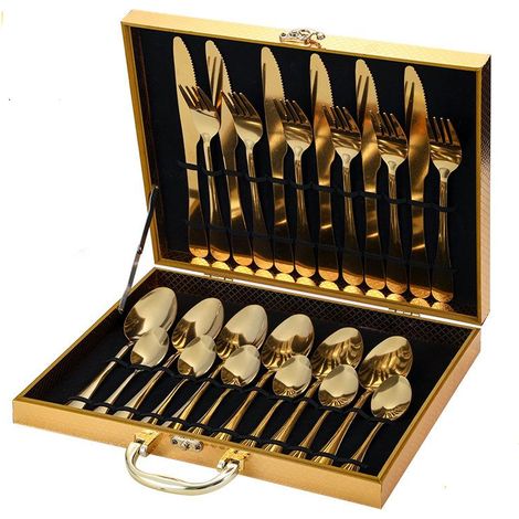 Set de 24 couverts dorés pour 6 personnes, acier inoxydable, coffret cadeau, pour mariage ou événement (1/3)