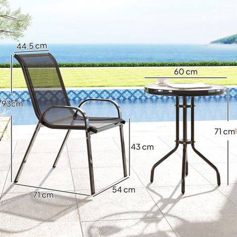 Ensemble bistrot 3 pièces noir résistant aux intempéries table verre, chaises empilables adapté au balcon et terrasse de maison (1/5)
