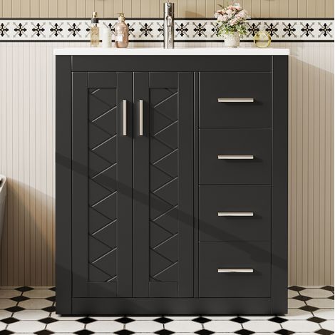 Mobile lavabo da terra in MDF e ceramica nero 76x46,5x85,5 cm con 3 cassetti e 2 ante (1/5)