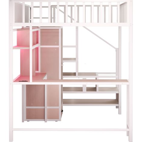 Metall-Hochbett 140 x 200 cm mit Schreibtisch, Regalen, Schrank, LED und Steckdosen, weiß (1/5)