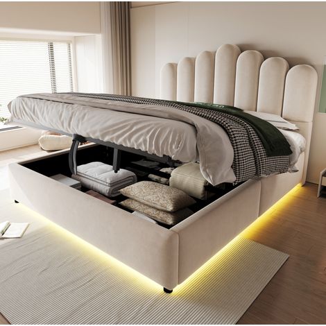 Etagenbett 140/200 cm aus Samt in Beige mit hydraulischem Stauraum, LED und gepolstertem Kopfteil (1/5)