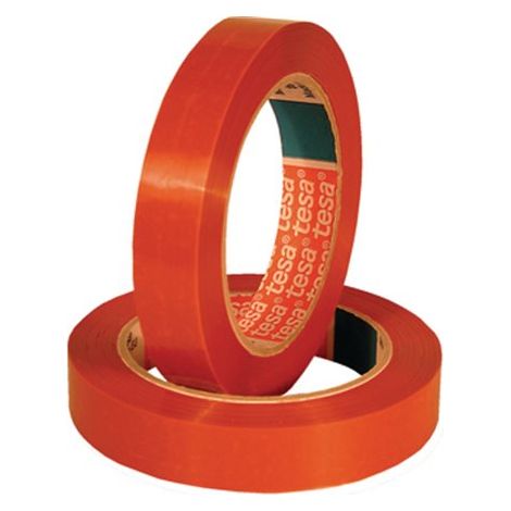 Cinta de flejado Tesa 64286, básica, 66 m, 19 mm, naranja, para paletizado, refuerzo y cierre de cajas de envío, 175 N/cm, 35%, adherencia al acero 7,5 N/cm.