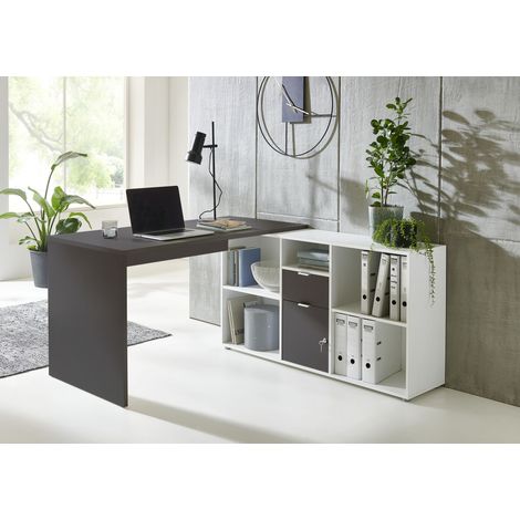BMG Möbel Eckschreibtisch Lena (mit abschließbarer Tür, Winkelschreibtisch, Homeoffice, Bürotisch) in anthrazit/ weiß