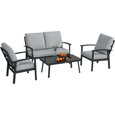Set da Giardino 4 Pezzi con 2 Poltroncine, Divano 2 Posti e Tavolino, in Alluminio e Fibra, Grigio Carbone