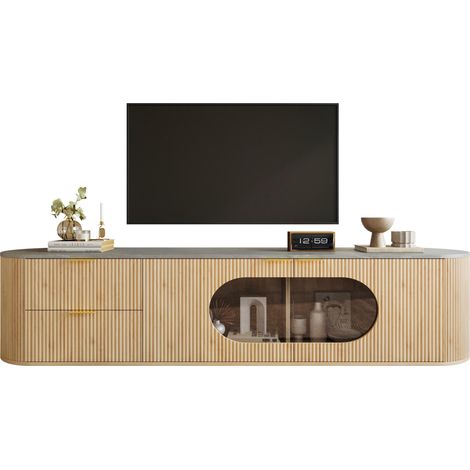 Meuble TV moderne et minimaliste aspect bois, portes à rayures verticales 3D, vitrine ovale en verre gris, rangements multi-zones, meuble de salon