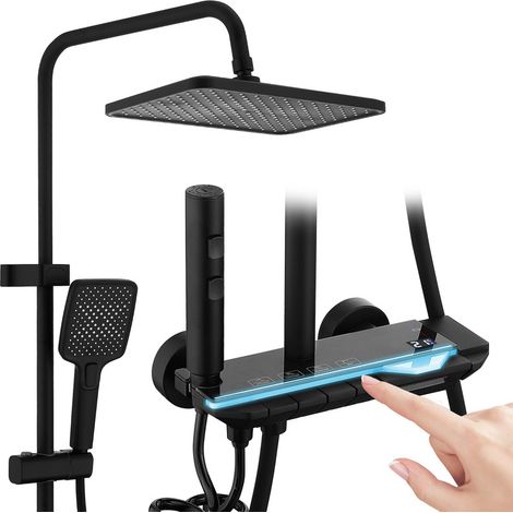 Aihom – Colonne de douche hydromassante noire avec LED – Affichage numérique – 4 fonctions – Hauteur réglable 800-1000 mm – Étagère intégrée en laiton