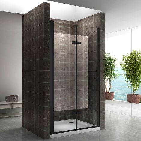 Saniverre – Porte de douche pliante 195 cm noir – Largeur réglable 80-84 cm – Verre de sécurité 6 mm – Ouverture réversible – Système de levage automatique