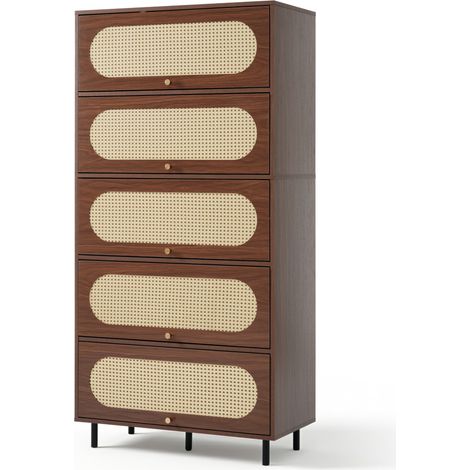 Buffet en noyer avec rotin, 80x40x163 cm, 5 portes abattantes, rangement spacieux sur pieds métalliques (1/5)